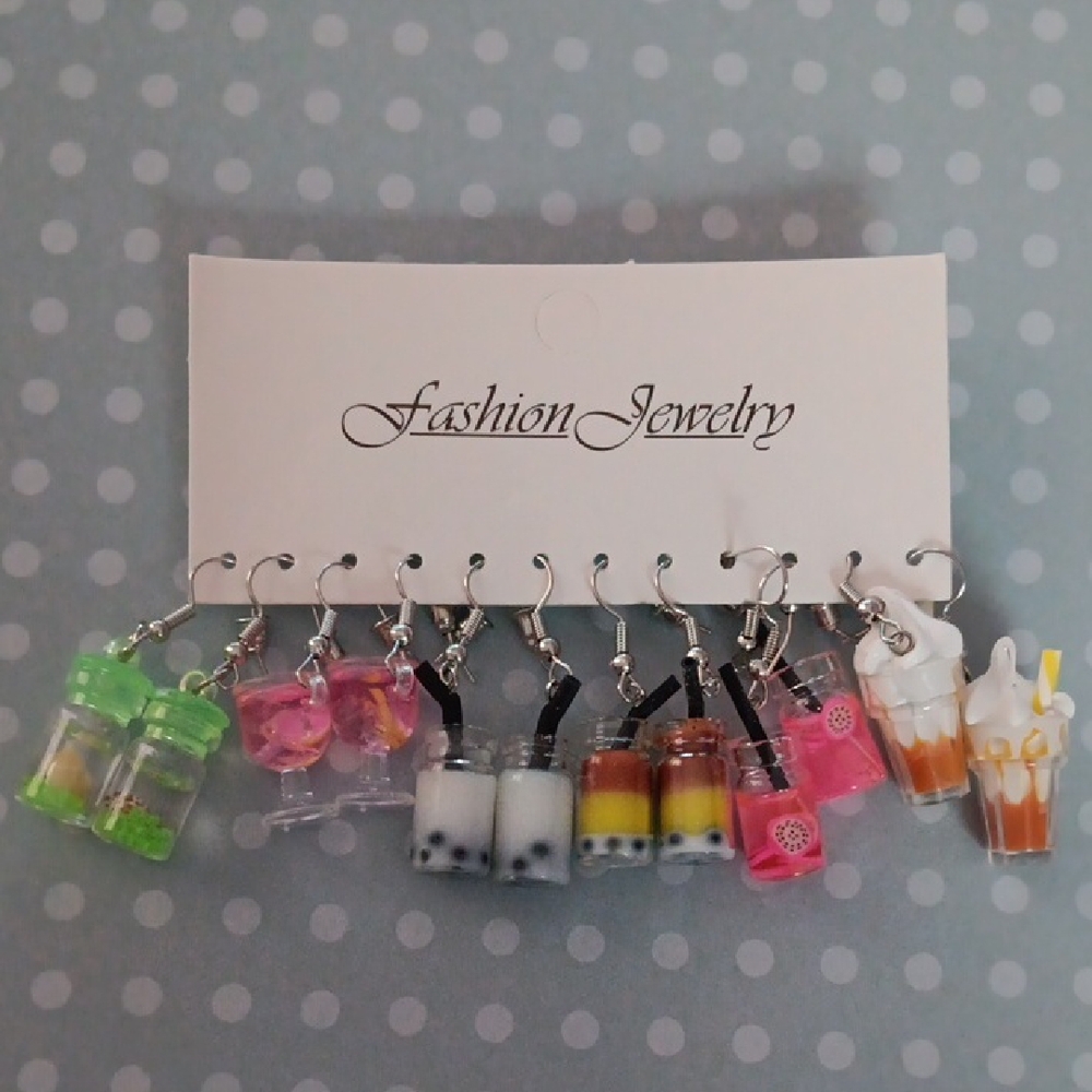 Assorted 6 Pairs Mini Drink Charm Earrings - Bright Multi-Color New!